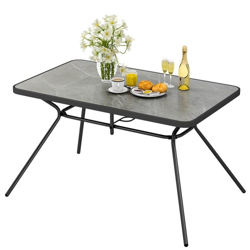 Patio Rectangle Dining Table 49" x 29.5" Marble-Like Tabletop with Umbrella Hole