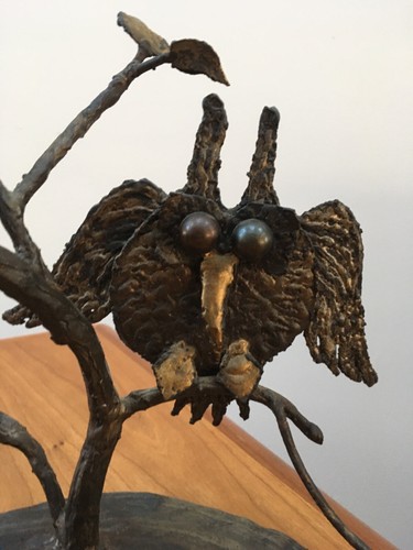 vintage mid century modern brutalist metal sculpture of owls on branches, large - Picture 5 of 9