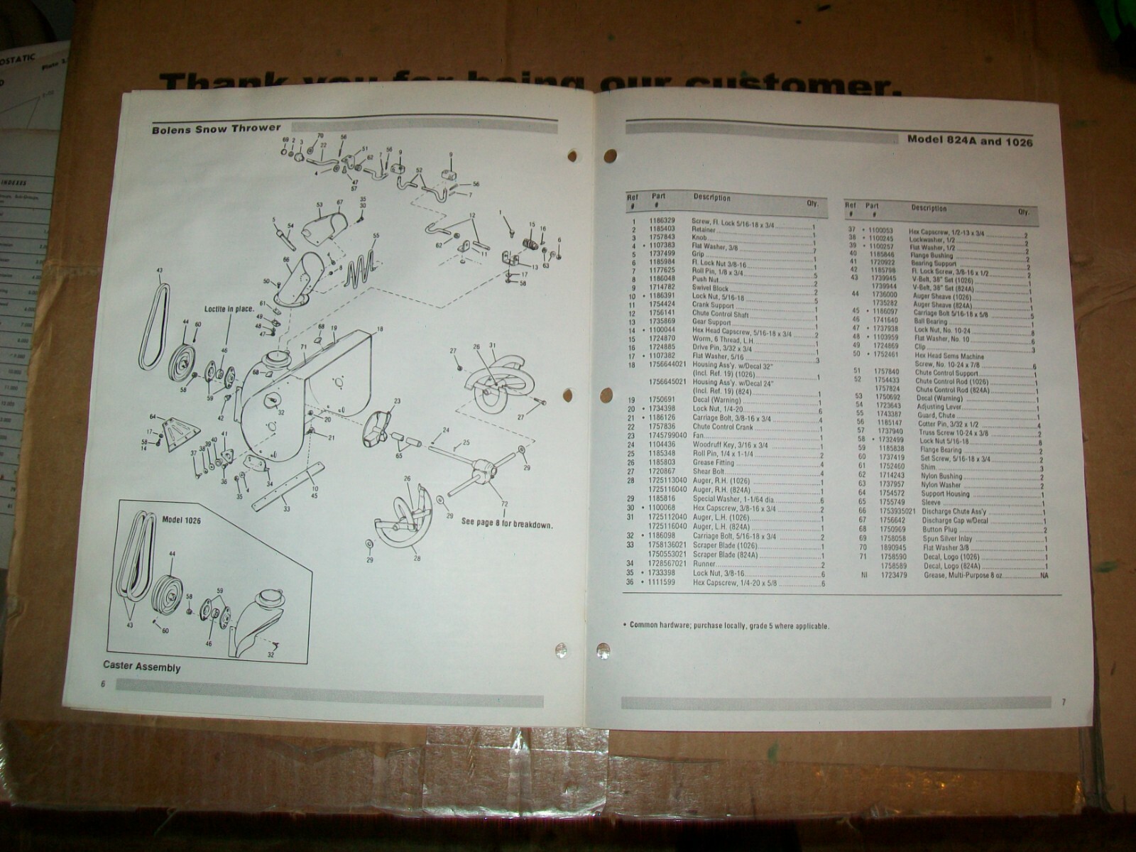 1991 Bolens Snow Thrower Models 824A 1026 Parts Catalog eBay