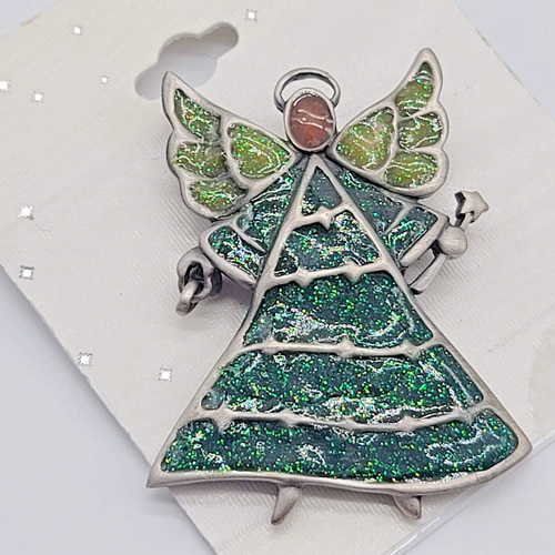 Carded Silver Angel Pin w Shimmering Green & Yellow Glitter - 第 1/4 張圖片