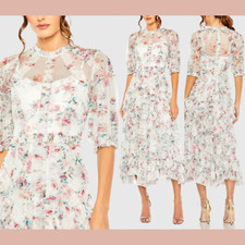 NWT Mac Duggal [ 18 ] 80111 Mesh Puff Sleeve Floral Print Dress Ecru #J990