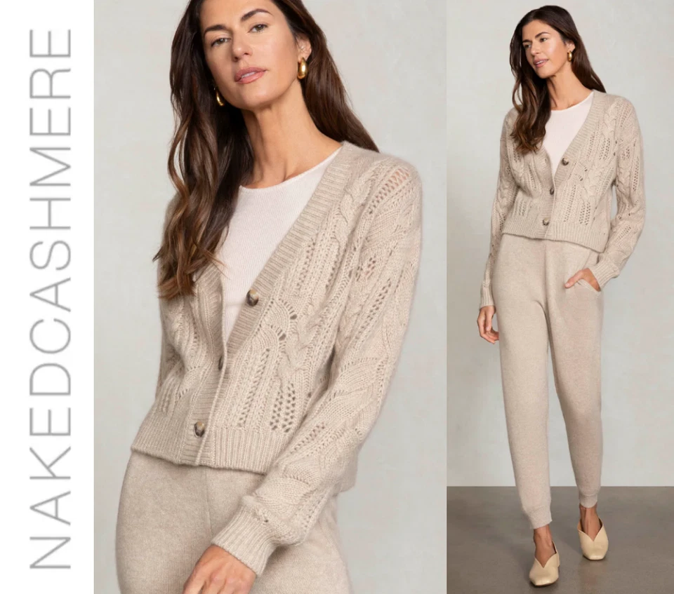 CÁRDIGAN RECORTADO ABOTONADO TEJIDO CABLE NATASHA CACHEMIR DESNUDO en Color Lino M $395