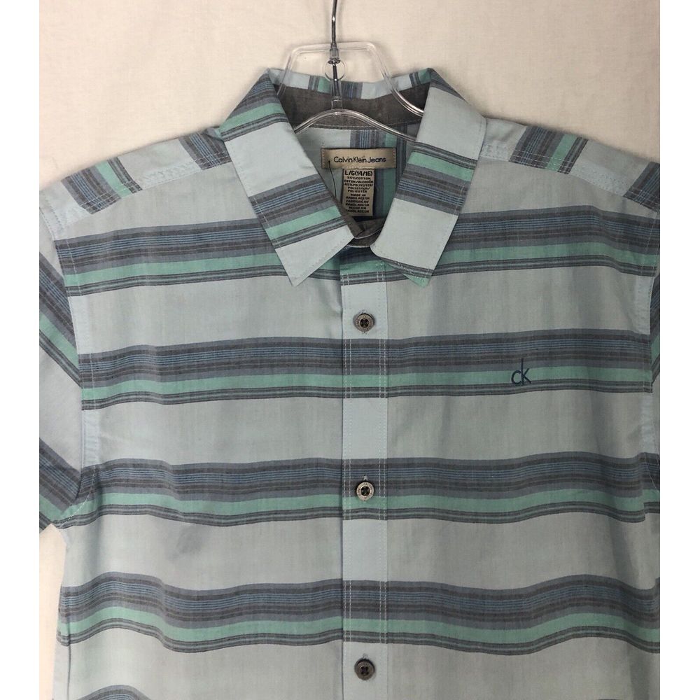 Calvin Klein Jeans Boys' Blue/green Button-Front ShortSleeve Shirt, L ( 14-16) thumbnail 2