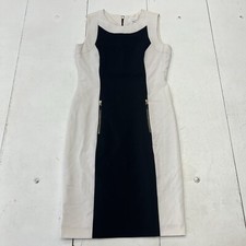 Calvin Klein Beige Black Colorblock Sheath Dress Sleeveless Zip Pockets Womens M