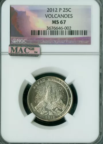 2012 P VOLCANOES PARKS QUARTER NGC MS67 PQ 2ND FINEST GRADE MAC SPOTLESS . 
