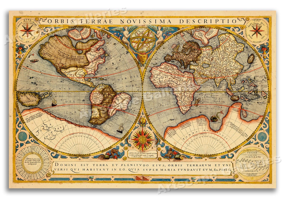 1602 World Map by Hondius - Orbis Terrae Novissma Descriptio