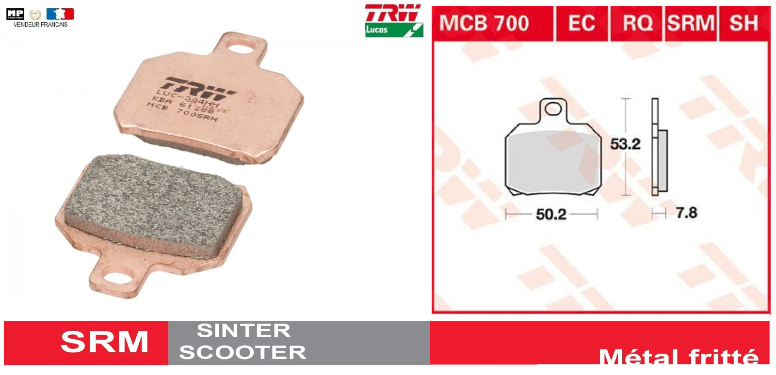 Plaquettes de frein arrière MCB700SRM métal fritté pour vos trajets en CPI X-Large