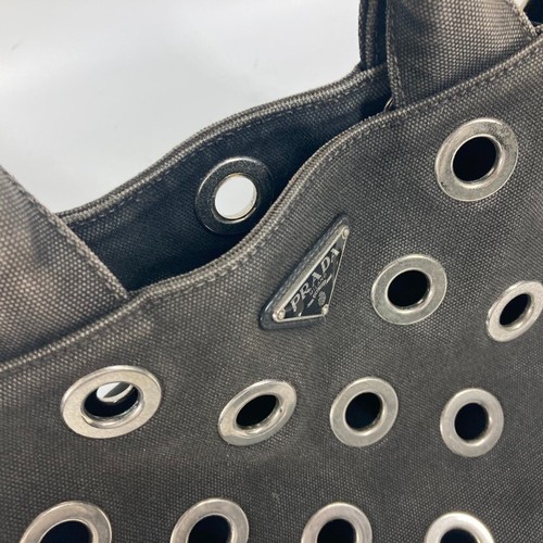 PRADA logo Punching Canapa Tote Bag Shoulder Bag Hand Bag Canvas Black - Foto 8 di 15