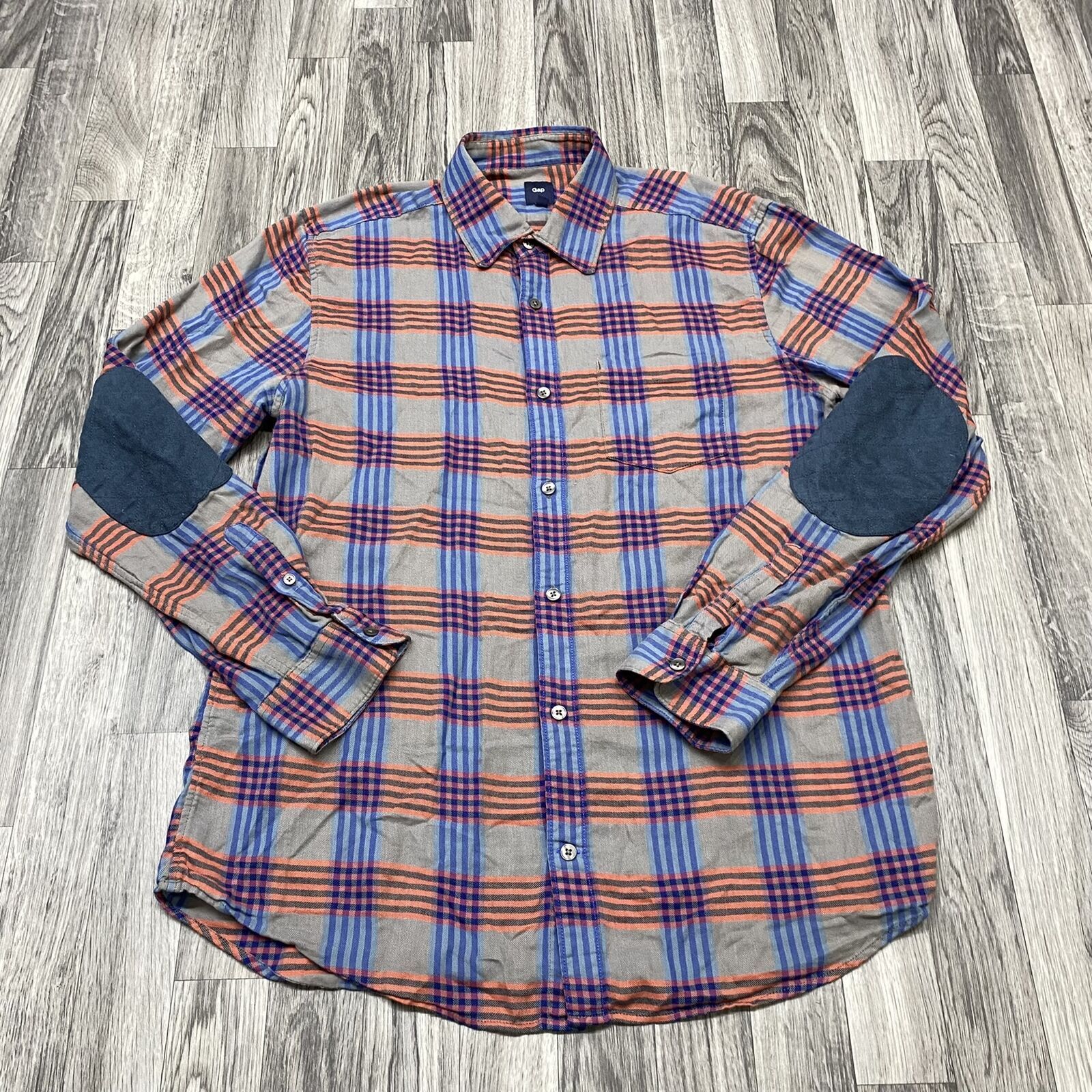 GAP Collared Button Down Patch Sleeve Grey Plaid … - image 2