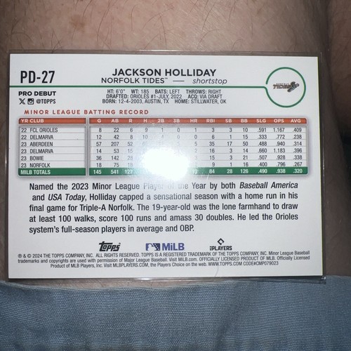 Jackson Holliday 2024 Topps Pro Debut Chrome Refractor PDC-27 Orioles Tides - Bild 2 von 2