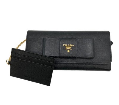 PRADA Long Wallet Black Saffiano Leather Women Puese card case 1MH132