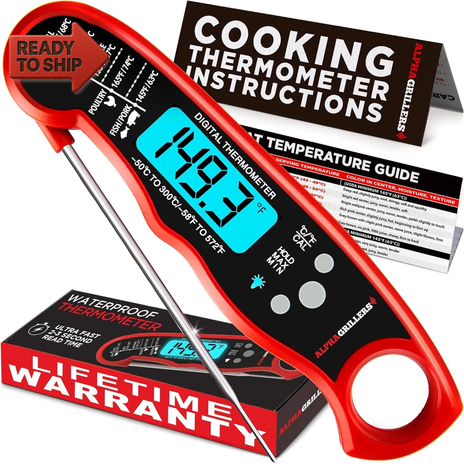 Alpha Grillers Digital Meat Thermometer Instant Read Food for Cooking Grill BBQ