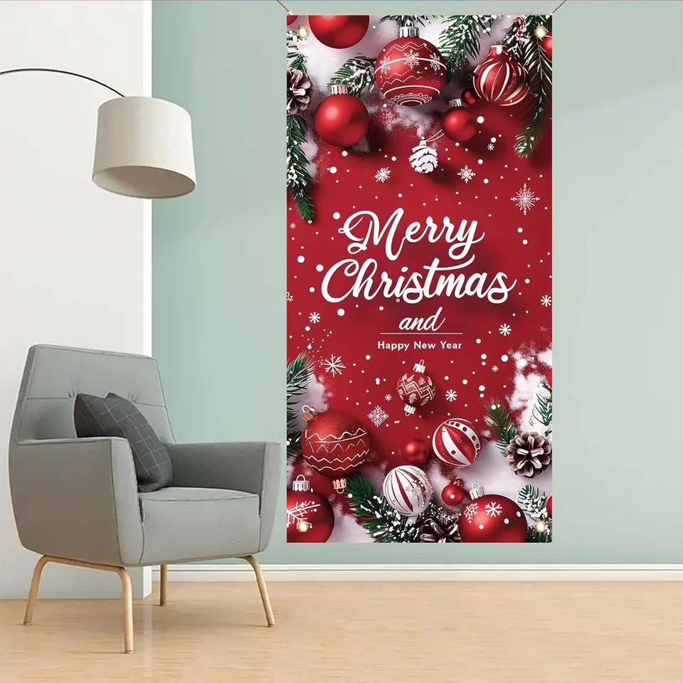 Banner de puerta Feliz Navidad 35X71 pulgadas rojo Navidad cubierta de puerta delantera con nieve Foto 4 de 4