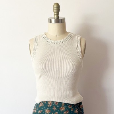 Halston Knit Tank Top Ivory Crochet Trim Ribbed Keyhole Back Quiet Luxury Small