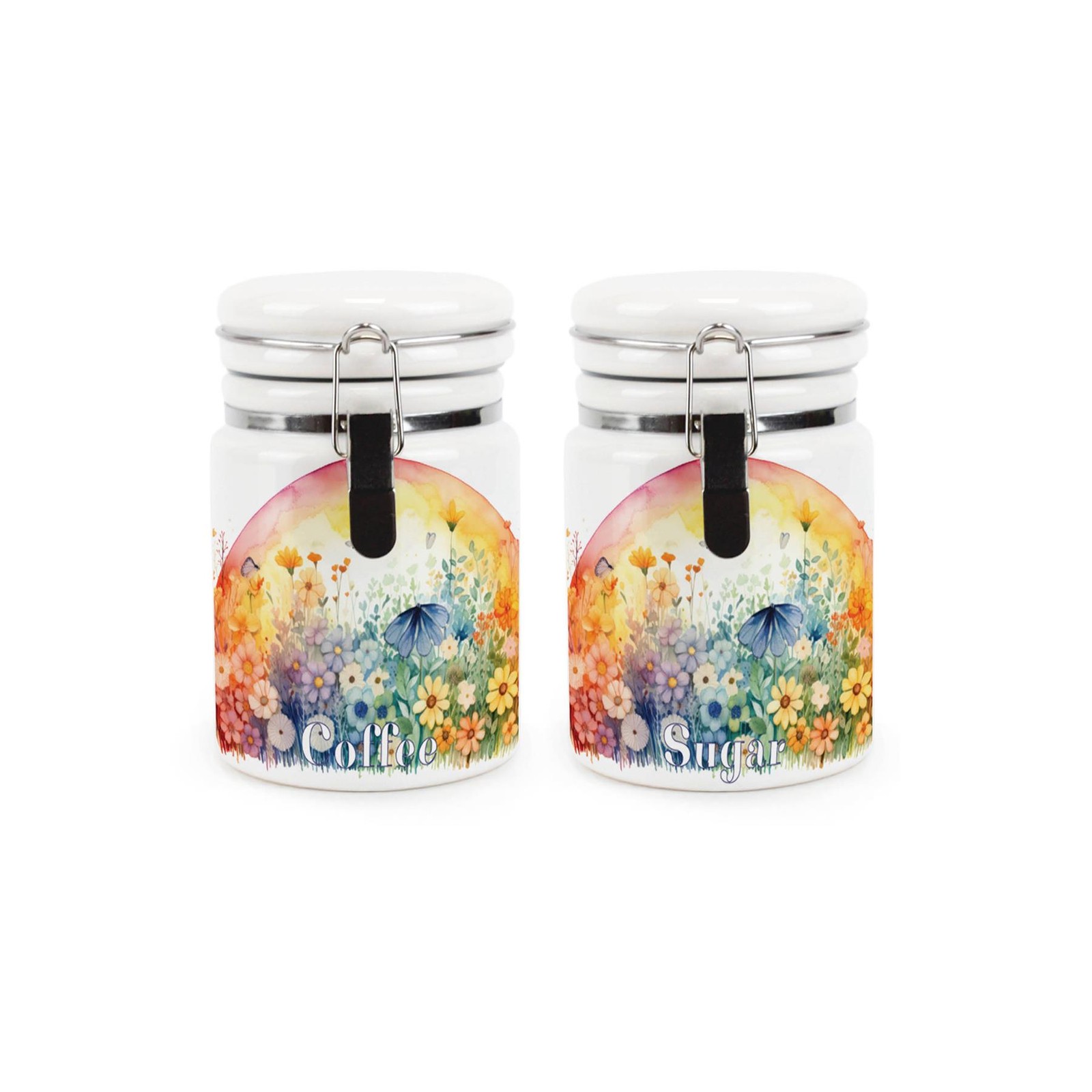 Ceramic Clip-Lid Floral Sunrise Canisters - Coffee & Sugar Storage Containers