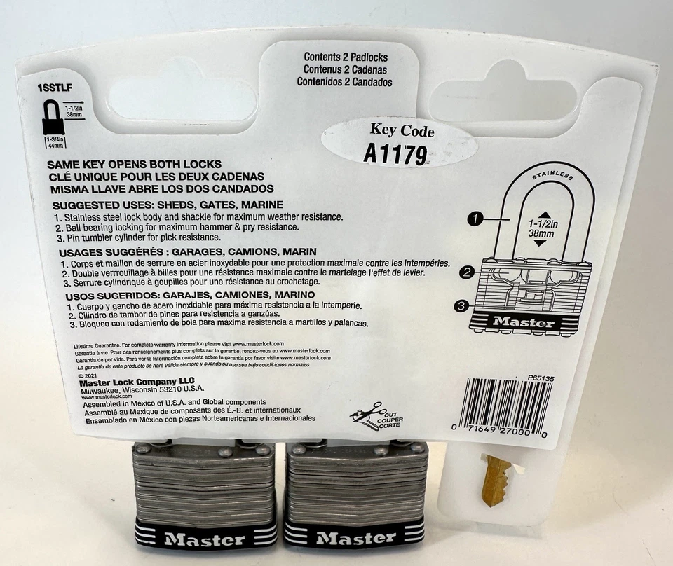 Master Lock Stainless Steel Keyed Padlock 1.5 in Shackle 2 Keys Pack Of 2 1SSTIF - Image 4 of 4