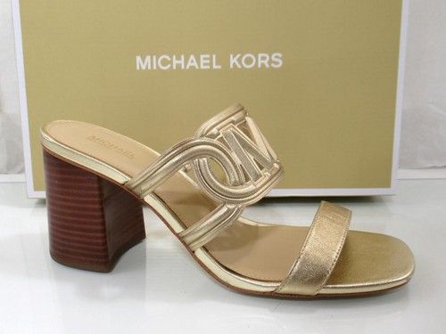 Michael Kors Alma Mid Block Heel Slide Sandal Metallic Leather Gold Size 7.5