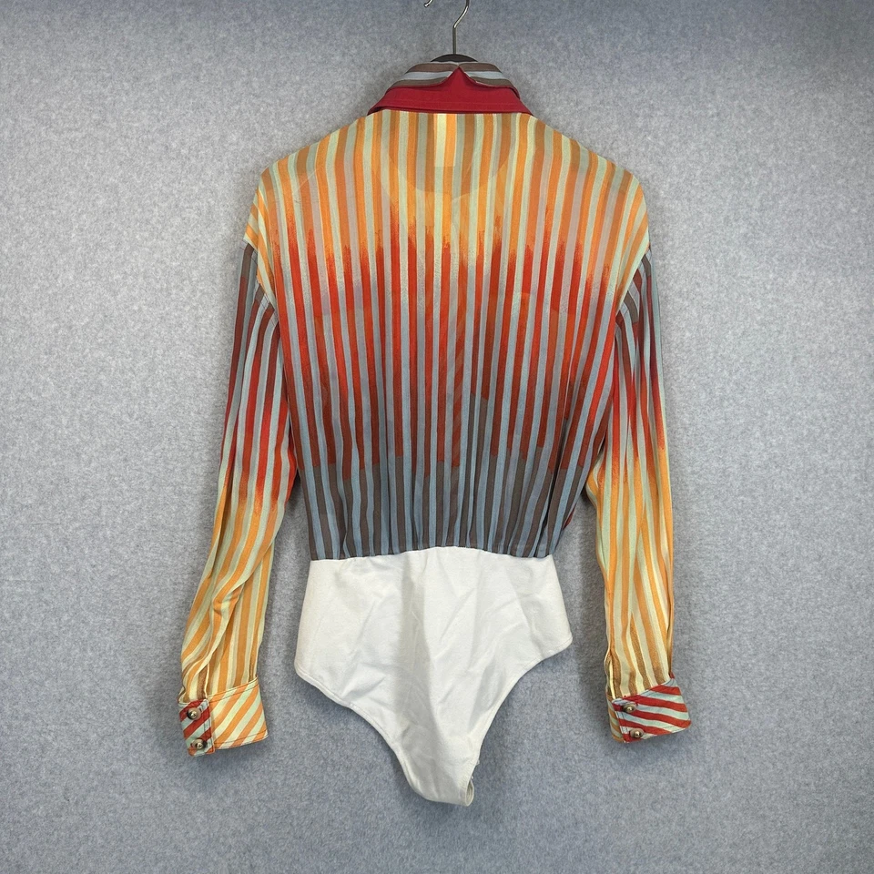 Vintage IIF Bodysuit Womens Size P Red Multicolor Striped Button Up Collared    - Image 2 of 4