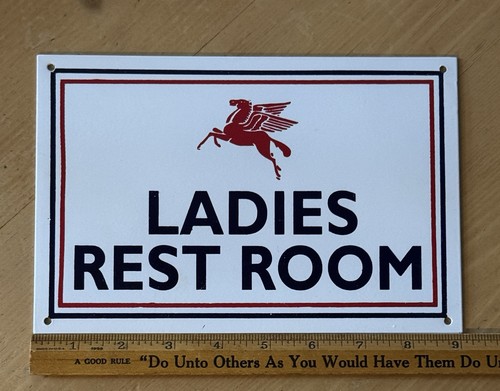 Mobil Gas Station Pegasus Porcelain Ladies Restroom Sign - Excellent Condition