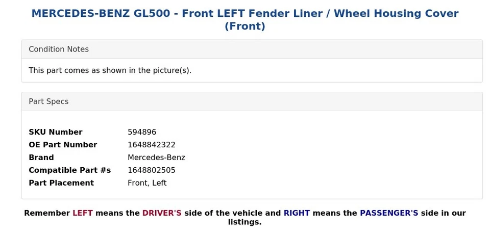 MERCEDES-BENZ GL500 - Forro guardabarros delantero izquierdo / Cubierta de carcasa de rueda (delantera) Foto 3 de 4