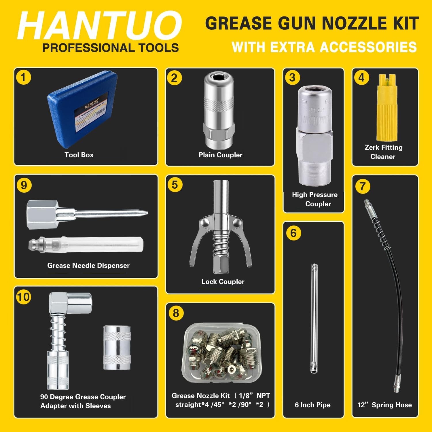 17 Piece Grease Gun Accessory Kit - Quick Connect Grease Coupler Set with 90° A