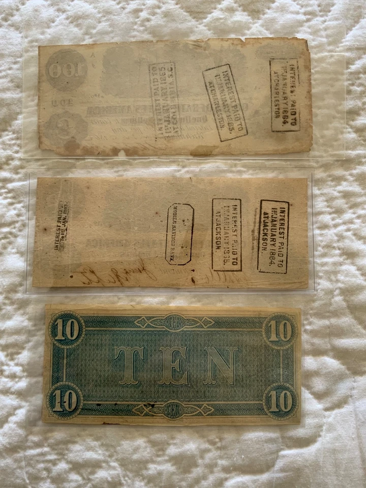 Confederate Currency Lot of 3— (2) T-40 $100, (1) 1864 $10 Blue back - Image 2 of 4