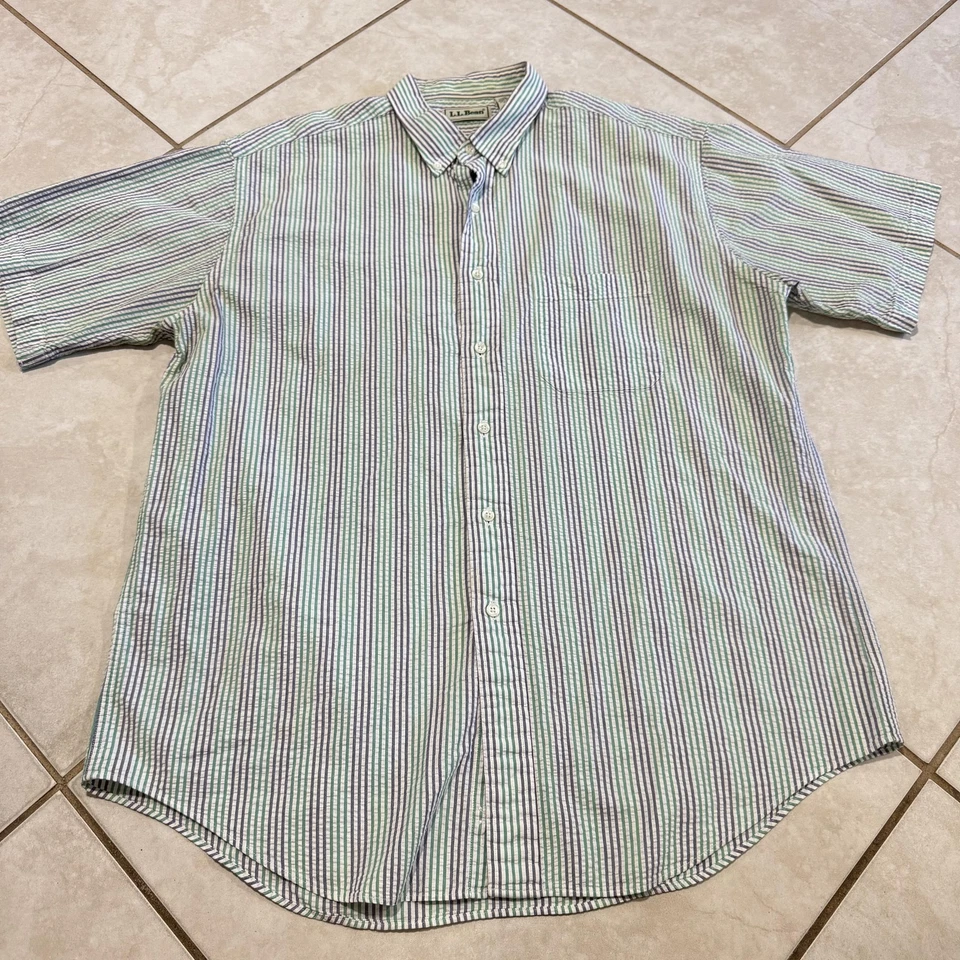 Vintage L.L. Bean Seersucker Shirt Men Large Stripe Short Sleeve Button Down 90s - Image 2 of 4