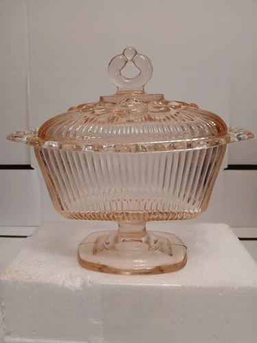 Vintage Indiana Pink Glass Open Lace Lidded Pedestal Candy Dish