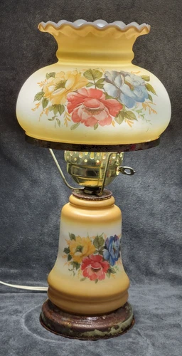 Vintage Hand Painted Milk Glass Electric Lamp - Vintage Portable Table Lamp