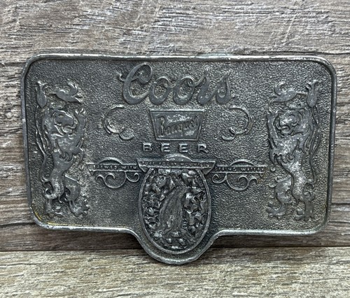 Vintage Coors Banquet Beer Pure Rocky Mountain Brewed Belt Buckle Pewter Lions
