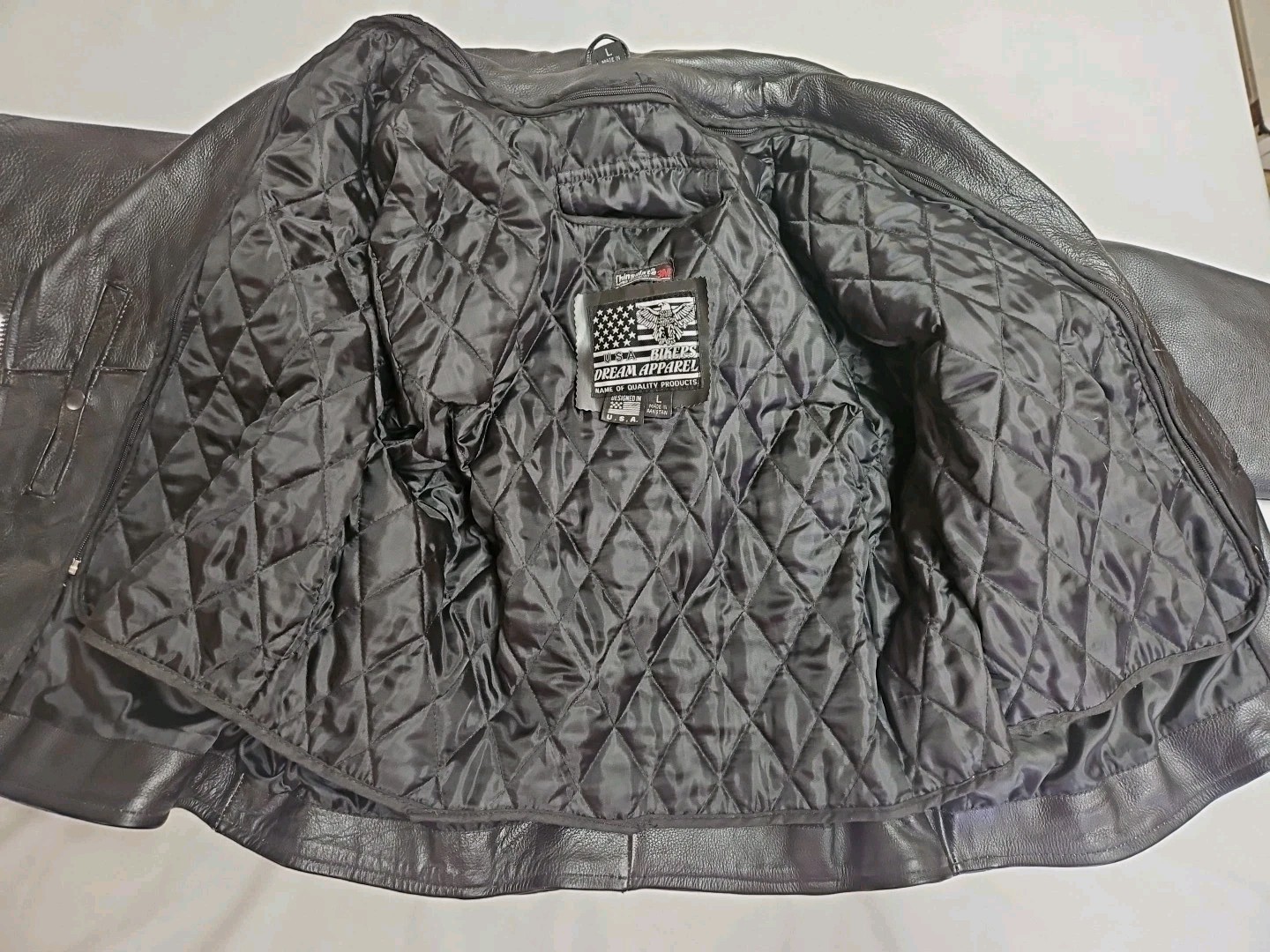 USA Bikers Dream Apparel HEAVY Black Leather Jacket Braided/Studded Zip Liner L