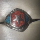 Vintage Sterling Silver Band Ring with Star with Turquoise Coral Inlay. Sz 10