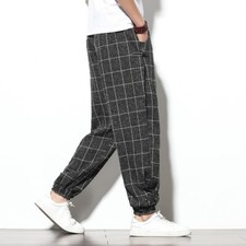 Mens Check Harem Pants Tapered Trousers Casual Japanese Tartan Plaid Loose Retro
