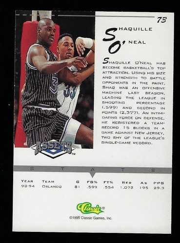 1995 Classic Assets Shaquille Shaq O'Neal #73 HOF Orlando Magic, LA Lakers - Picture 2 of 2