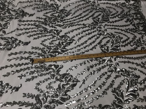 WHITE 4 WAY STRETCH POWER MESH EMBRODERED WITH SILVER SEQUINS-SOLD BY THE YARD. - Picture 9 of 11
