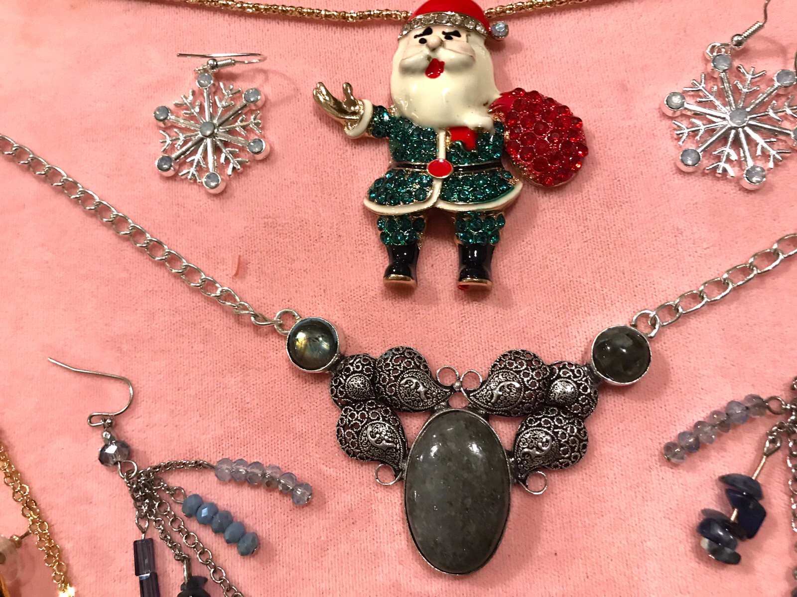 Vtg Antique Estate Jewelry Lot Gemstone Hearts Santa Rhinestone