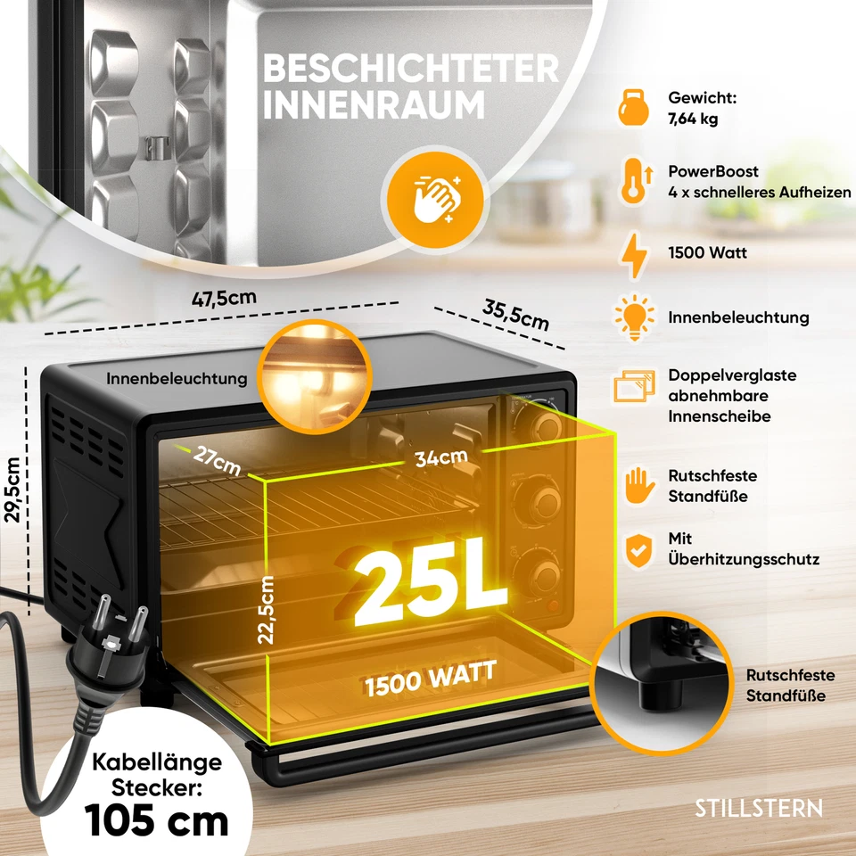 B-Ware 25L Minibackofen mit Umluft, Drehspieß, Backblech, 1500W, DE Version - Bild 3 von 4
