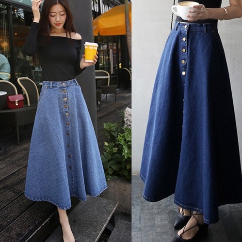 Fashion Women's Denim A-line High Waist Long Midi Flare Party Skater Slim Skirt - Picture 1 of 7