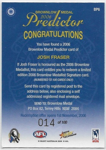 2006 Select Supreme Brownlow Predictor (BP6) Josh FRASER Collingwood #014 :::: - Picture 2 of 2