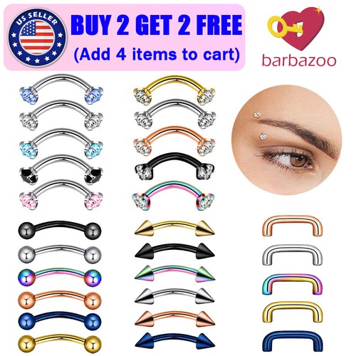 5-6pcs CZ Gem Eyebrow Stud Steel Nose Lip Eyebrow Ring Daith Piercing ...