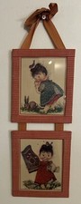 2 Vintage Charlot Byj Little Brunette Girl Outside Hanging Frame C2