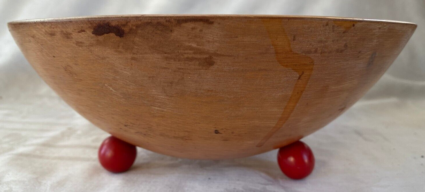 11" Munising Round Wooden Wood Dough Footed Bowl with Red Ball Feet eBay