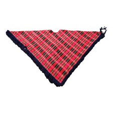 Vtg Red Plaid Poncho Cape With Navy Yarn Fringe Pullover Zip