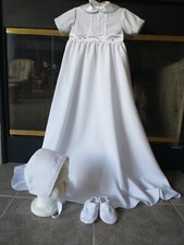 Boys Crepe Christening Gown/Romper Baptism Convertible Outfit Shoes Bonnet 0-18M