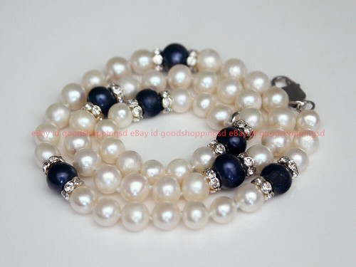 Genuine Natural Freshwater 7-8mm White Pearl & 8-9mm Black Pearl Necklace 17" AA