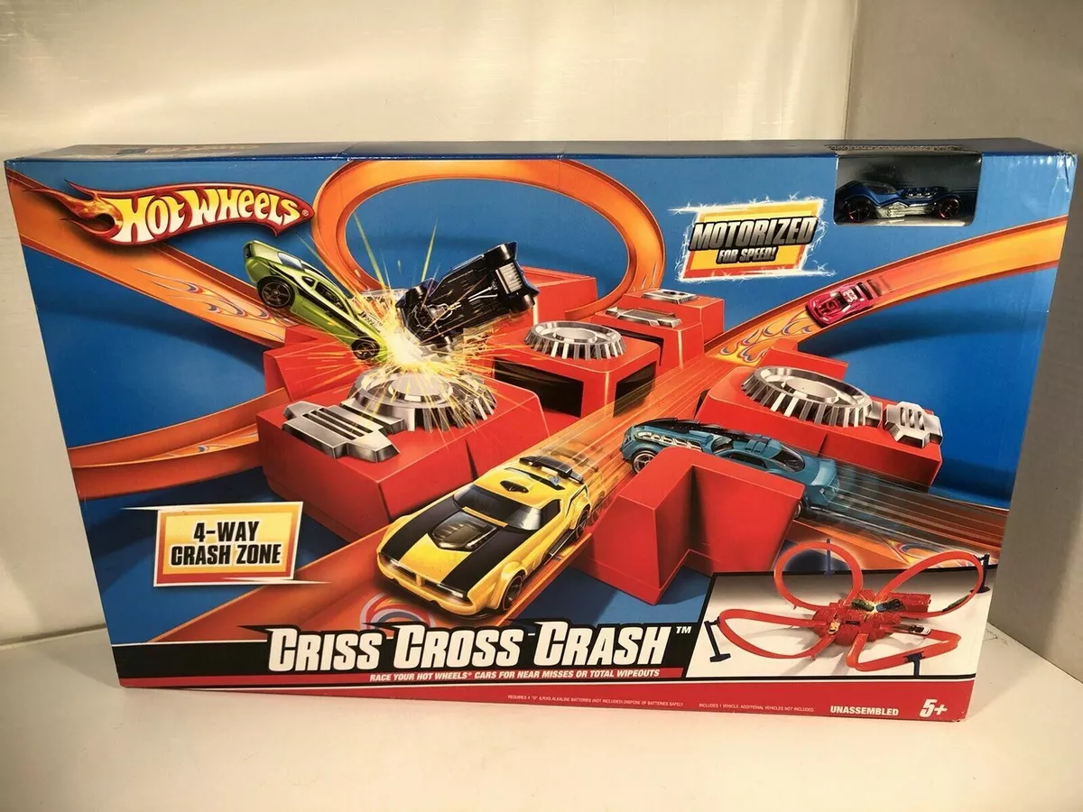 Hot Wheels Criss Cross Crash 4 Way Crash Zone Motorized Race Way With One  Car