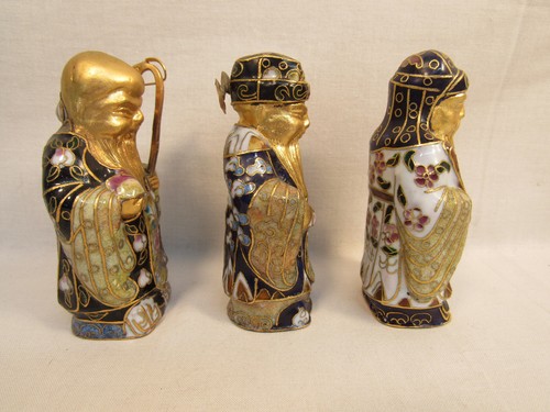 Vintage Enamel Porcelain Sanxing Three Stars Chinese Wise Men Fu Lu Shou Figurin - Picture 2 of 9