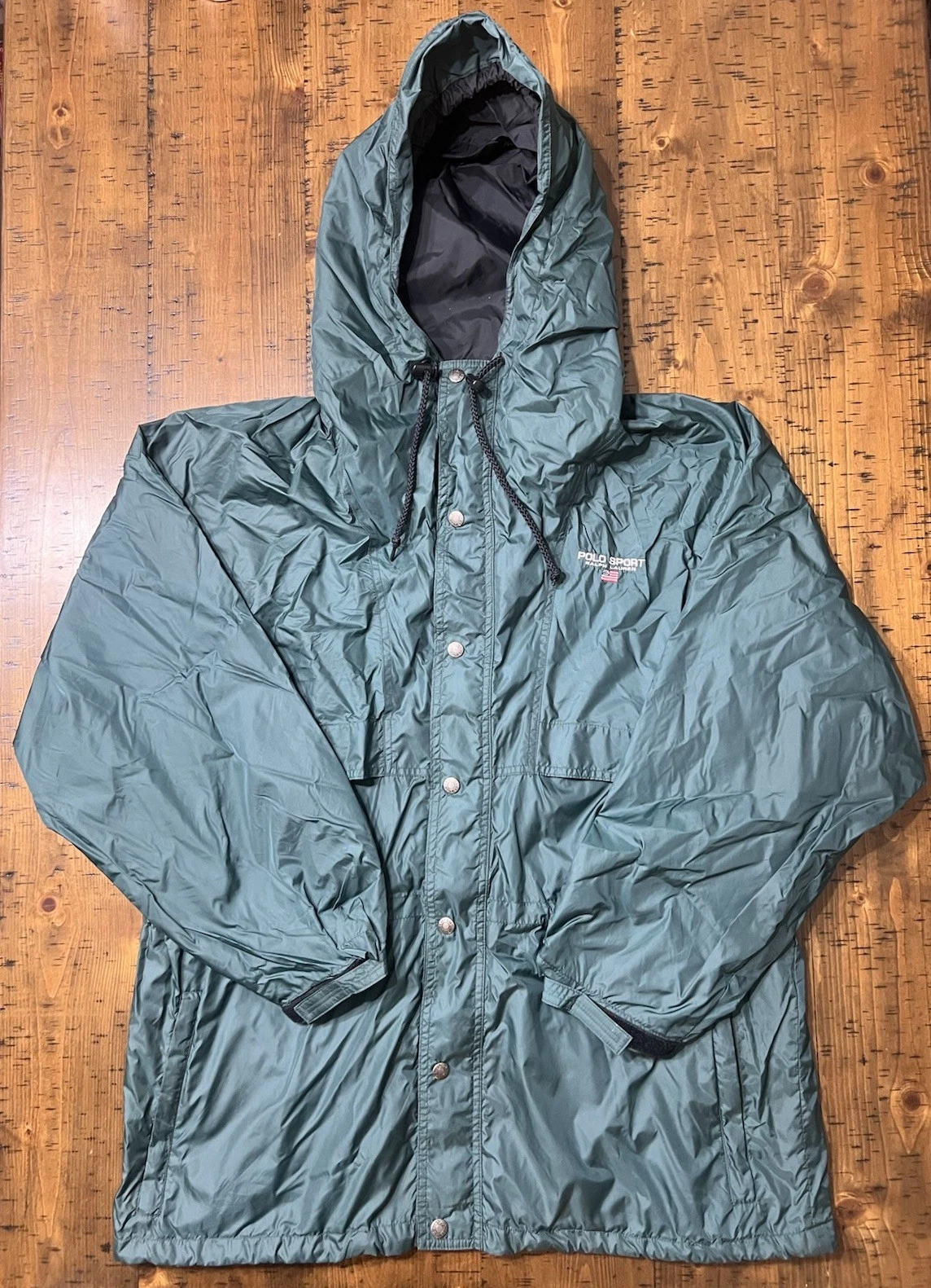 Vtg Polo Sport Ralph Lauren Mens Large 2 Way Zip Rain Jacket Hooded Storm Flap