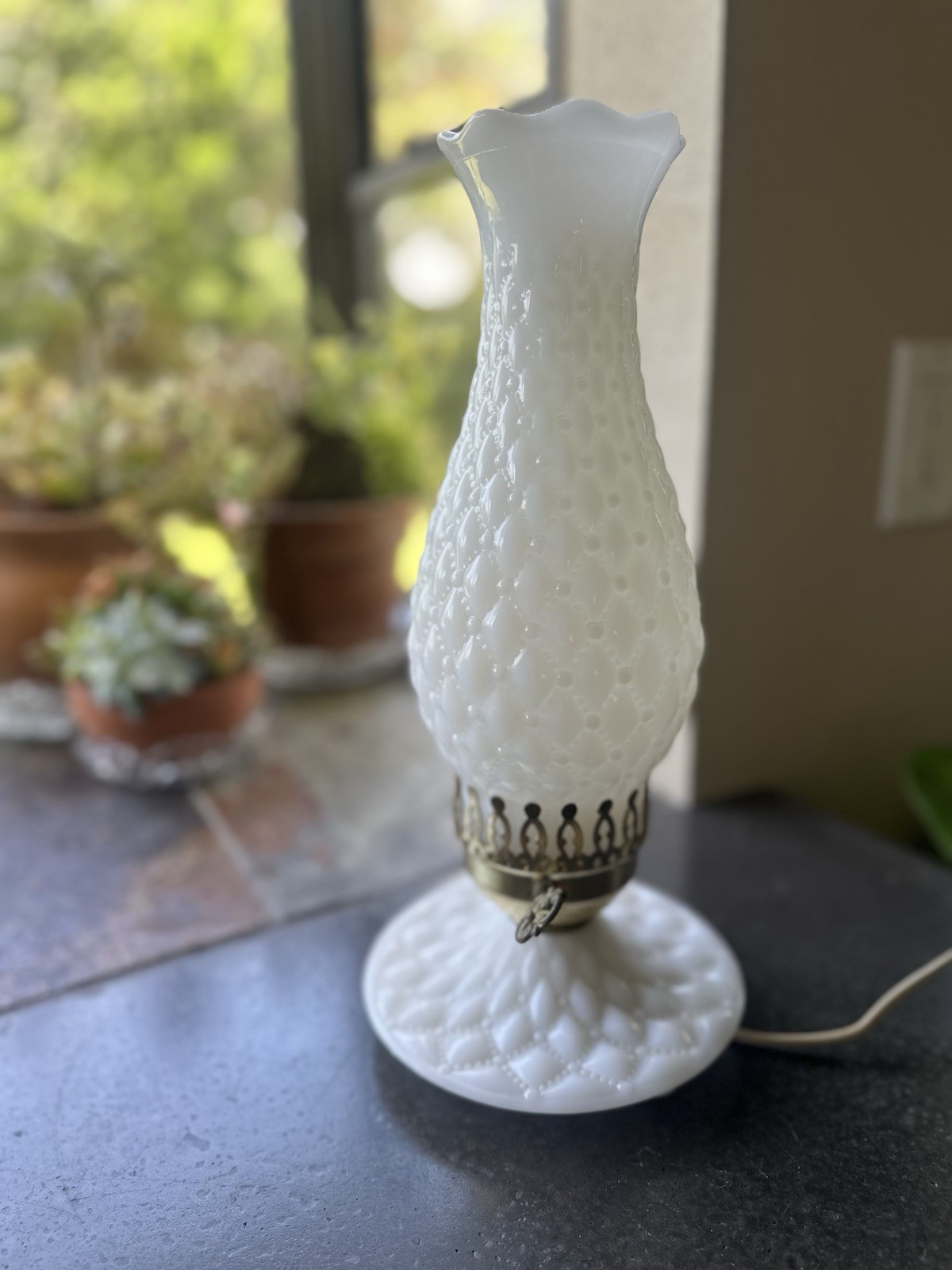 Vintage White Milk Glass 14”Hobnail Hurricane Lamp w/ Scalloped Shade, Corded