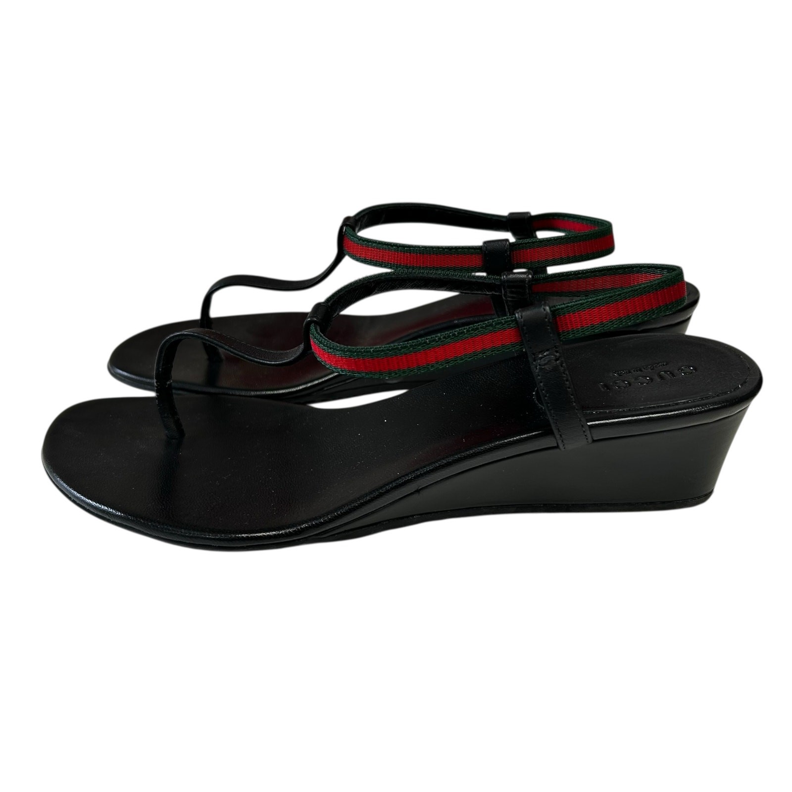 Gucci Black Leather Web T-Strap Slingback Wedge Sandal Womens 37.5 / US 7.5 thumbnail 3